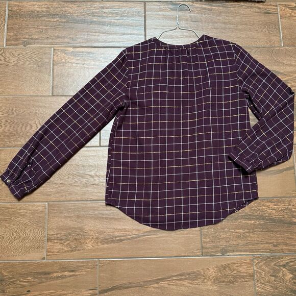 Sonoma Ruffled Flannel Top Womens S Maroon Plaid Button Up Shirt Blouse Small - Picture 8 of 9
